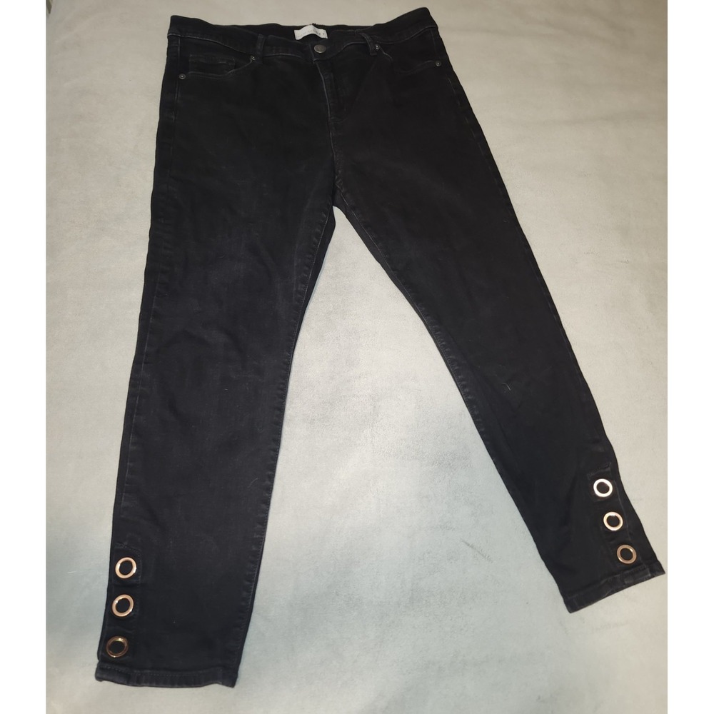 LOFT Black Skinny Ankle Jeans Women's Size 14 Stretch Grommet Hem Mid Rise